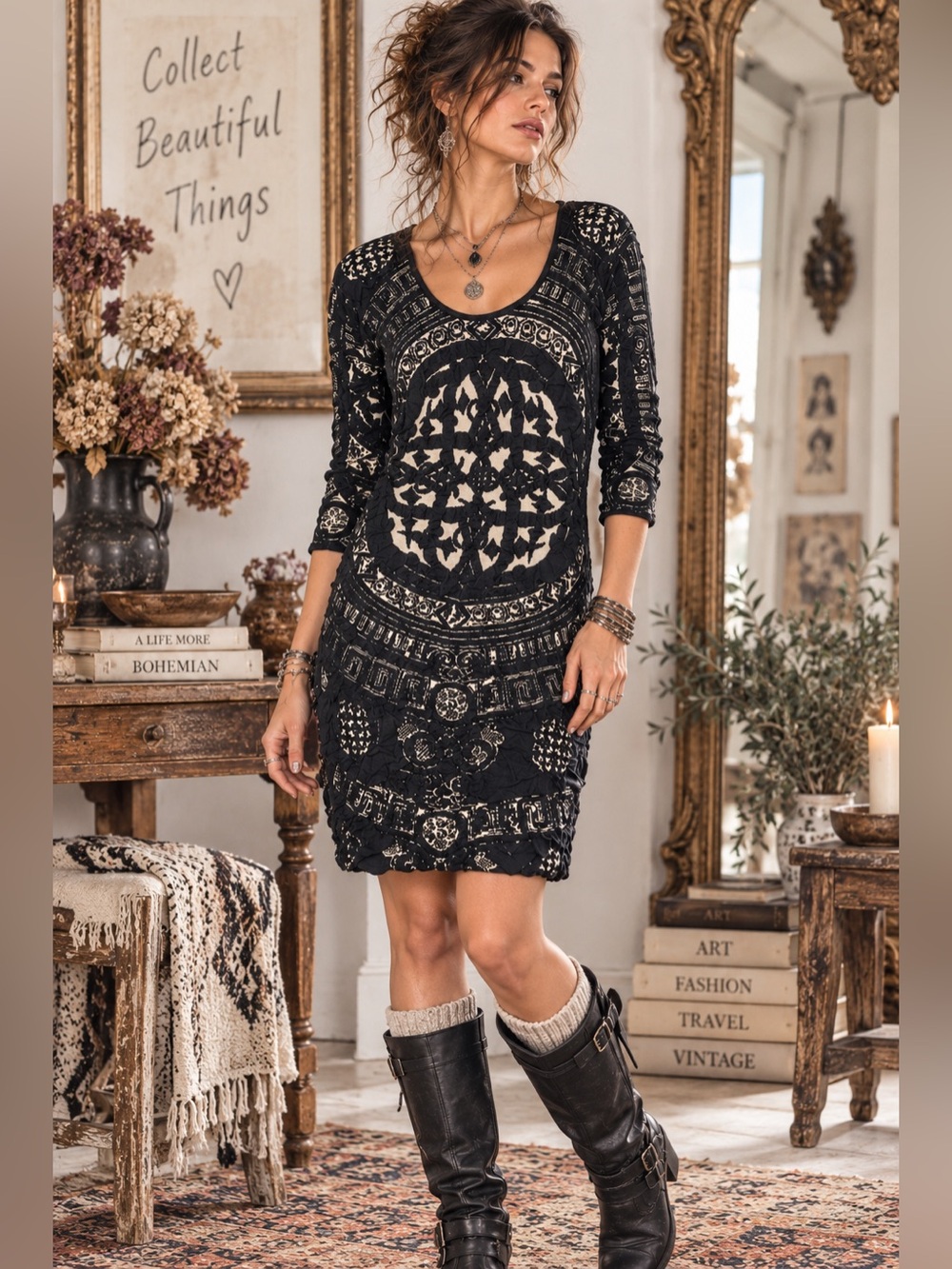 Desigual by Christian Lacroix Mandala Knit Dress Black Cream NWT